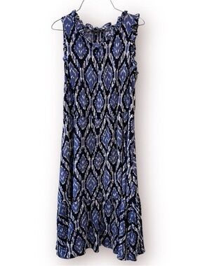 Talbots Ruffle Trim Cabana Ikat Blue Midi Dress 8 Geometric Diamond Boho Tribal